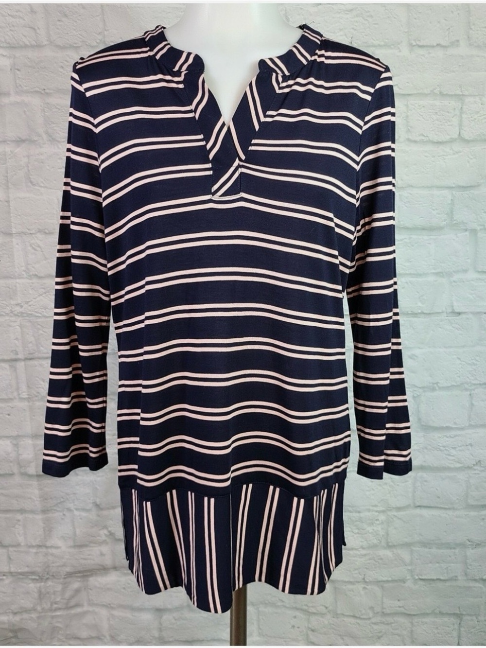 Talbots Navy and Blush Striped Notch-Neck Tunic